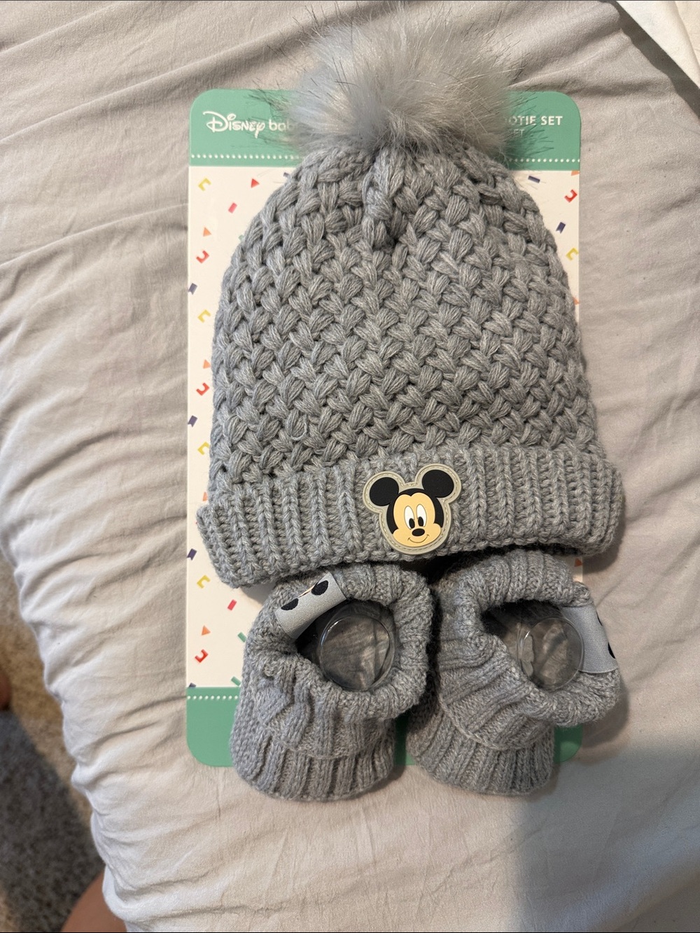 NWT Disney Gray Knit Pom Hat & Matching Booties with Mickey Patch